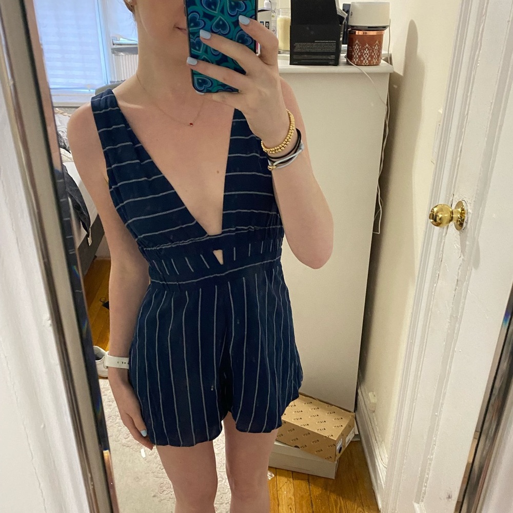 Pull&Bear Navy Blue Striped Low V-Cut Romper